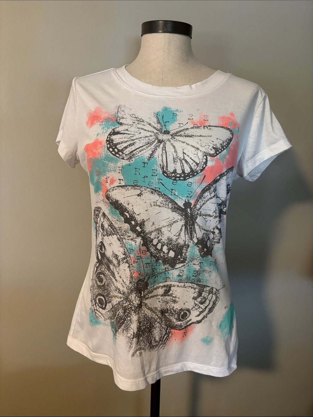White Butterfly Graphic Short Sleeve Tee - Women's